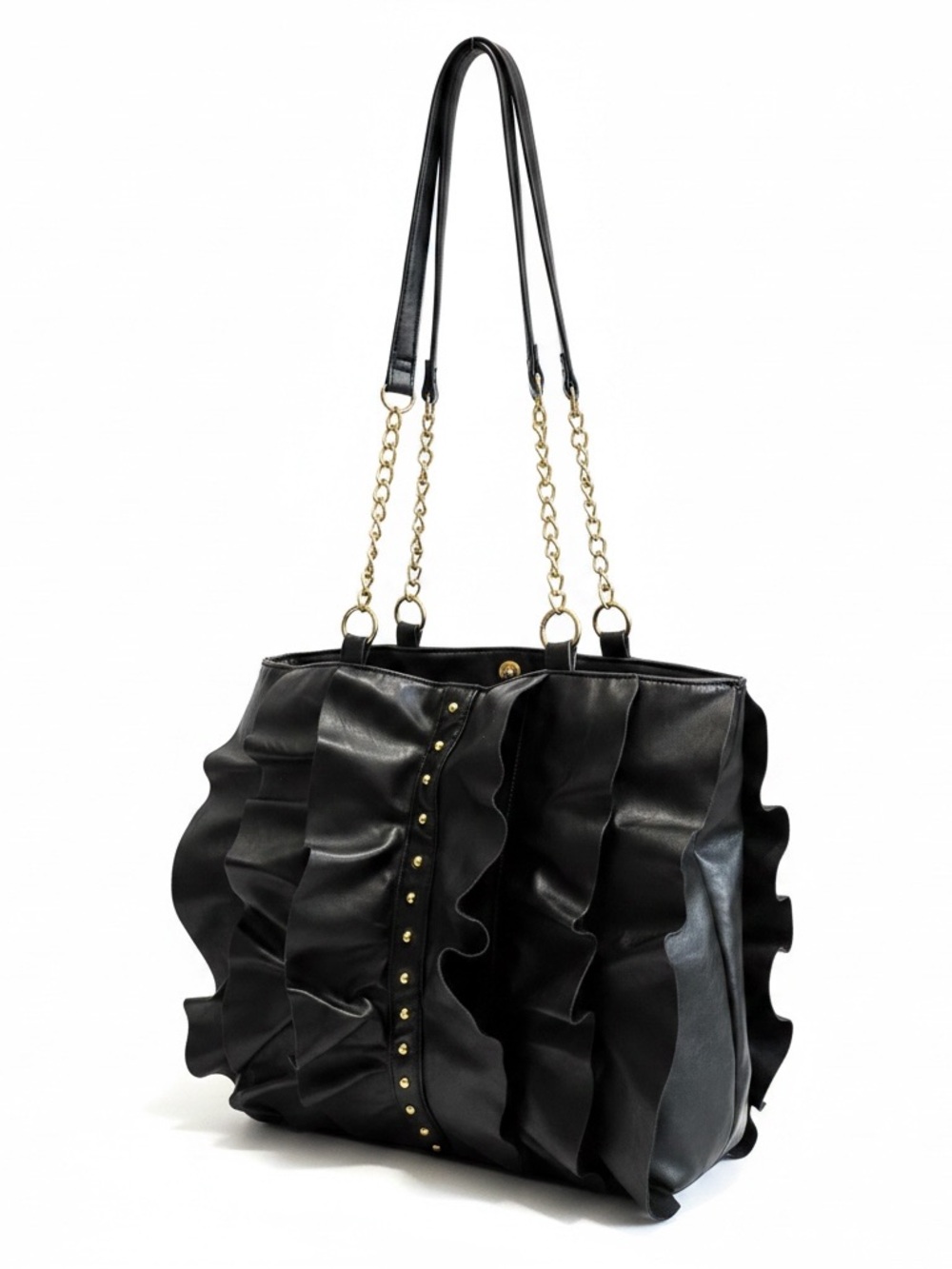 DSW Black Ruffle Shoulder Tote with Gold Chain Straps EUC